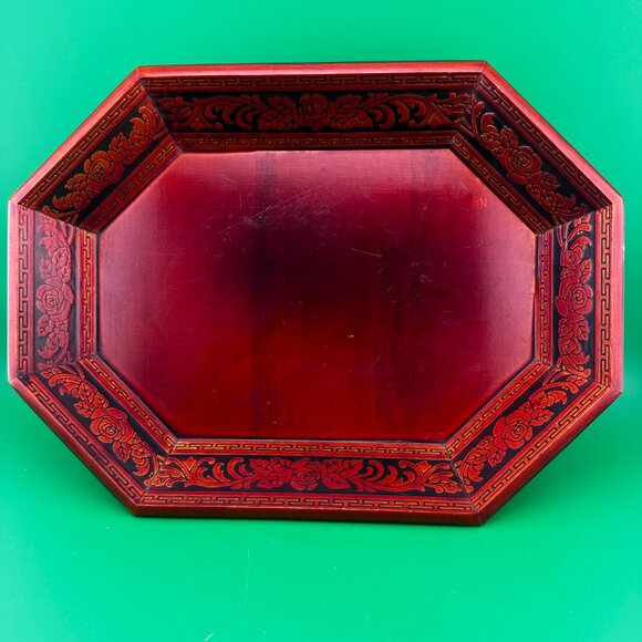 VINTAGE CHINESE RED LACQUER WOODEN TRAY WITH ROSE DESIGN - Picture 2 of 8